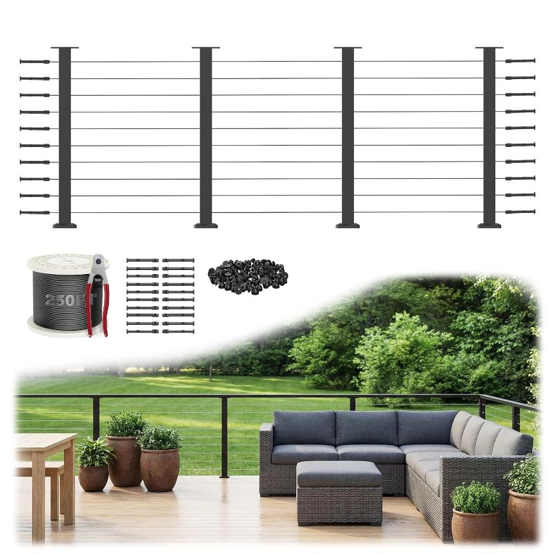 Photo 1 of 12-20FT Complete Set 36" Cable Railing Post Kit(35"x2"x2"), 4pcs Stainless Steel Black Flat Top Surface Mount Level Posts,1/8" Wire Rope(No Handrail),Swageless Cable Railing System Kit,MY07-LP
