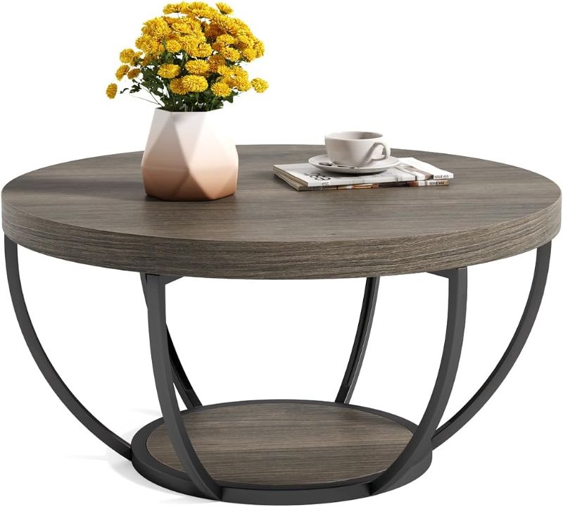 Photo 1 of LITTLE TREE Round Coffee Table, 32" Circle Coffee Table for Living Room, 2-Tier Wood Accent Center Table with Open Storage Industrial Design Home Furniture (Grey and Black)