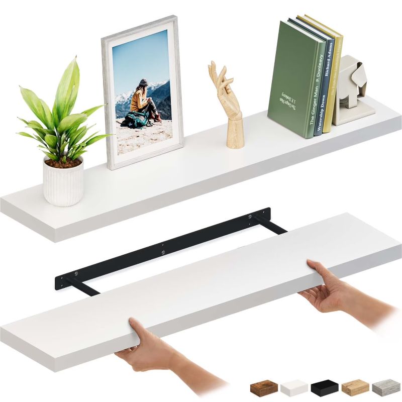 Photo 1 of Ballucci 48" Floating Shelves, 2-Pack Wood Wall Shelf Set with Invisible Brackets, 8" Deep, White