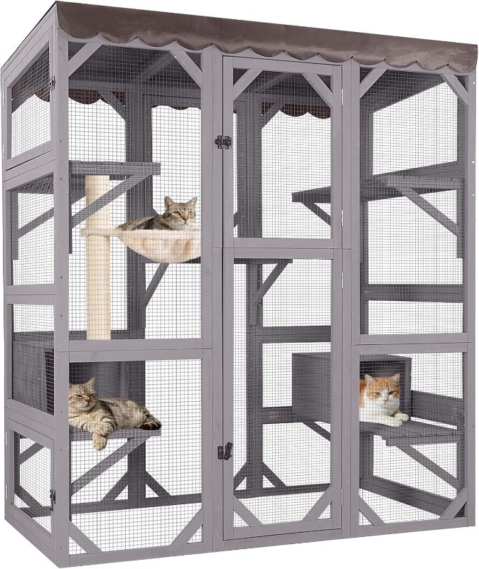 Photo 1 of Aivituvin Catio Outdoor Cat Enclosure with 7 Platforms, 2 Resting Boxes, Large Window Cat House for 4-6 Mulitiple Cats Walk in Kitty Cage with Weatherproof Tarp Roof 70"