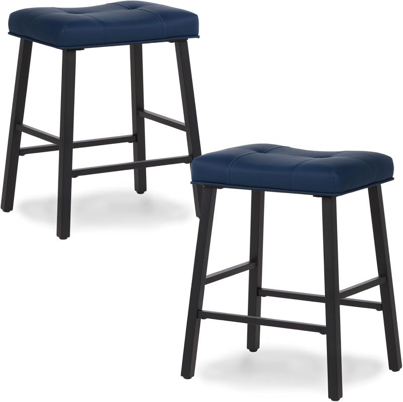 Photo 1 of 24 Inch Bar Stools Set of 2, Backless Counter Height Bar Stools, Upholstered Kitchen Barstools with Metal Base, Blue PU Leather Saddle Stools for Kitchen Island, Dining Room,302PBL
