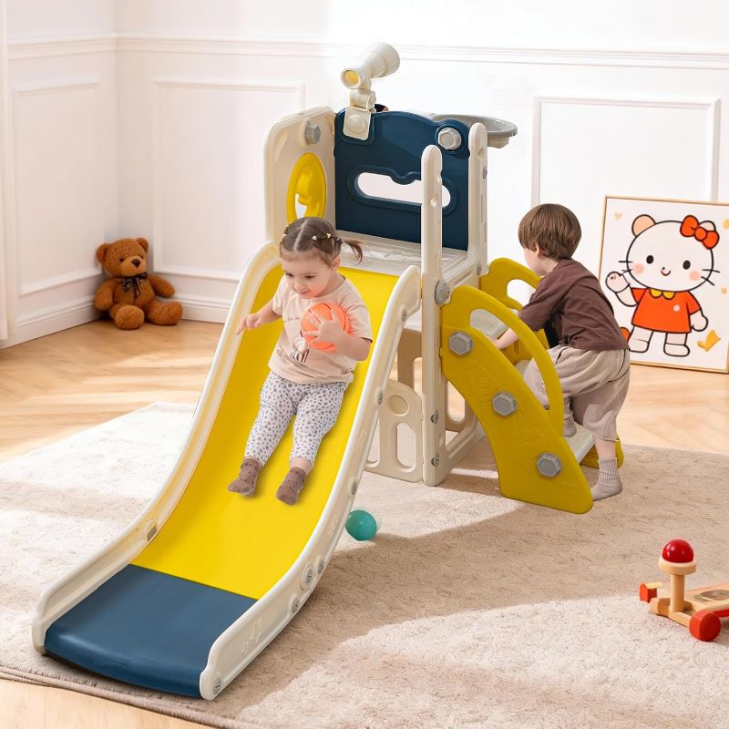 Photo 1 of Toddler Slide Playground Playset, 6-in-1 Kids Indoor Outdoor Slide with Climber, Basketball Hoop, Telescope & Toy Storage, Toddler Slide for Age 1-3 (Blue&Yellow)