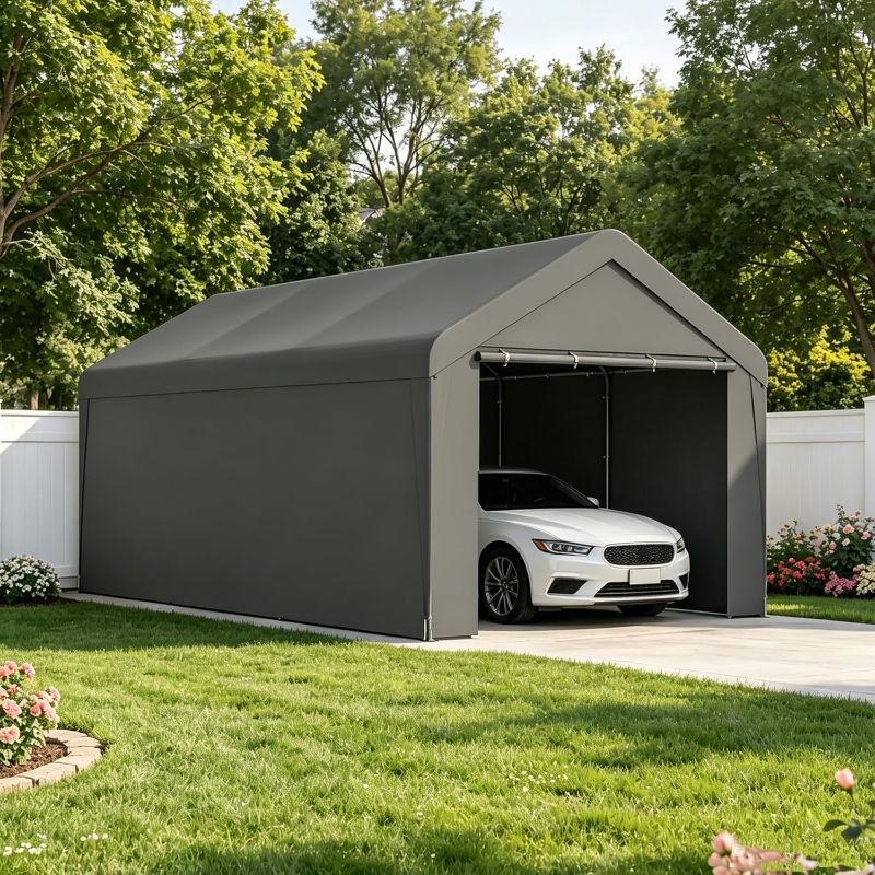 Photo 1 of Carport, 10‘ x 20’ Heavy Duty Portable Garage All-Season Car Canopy w/Removable Sidewall & Doors, Carport Canopy Party Tent w/Water-Resistant Tarp for Backyard (Grey, 10‘ x 20’)