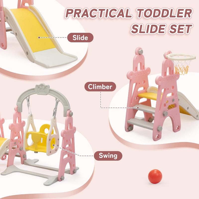 Photo 1 of 3-in-1 Kids Slide for Toddlers Slide and Swing Set,Indoor Playground for Children,Freestanding Outdoor Slides with Basketball Hoop,Outside Climber Playhouses,Baby Climbing Toys