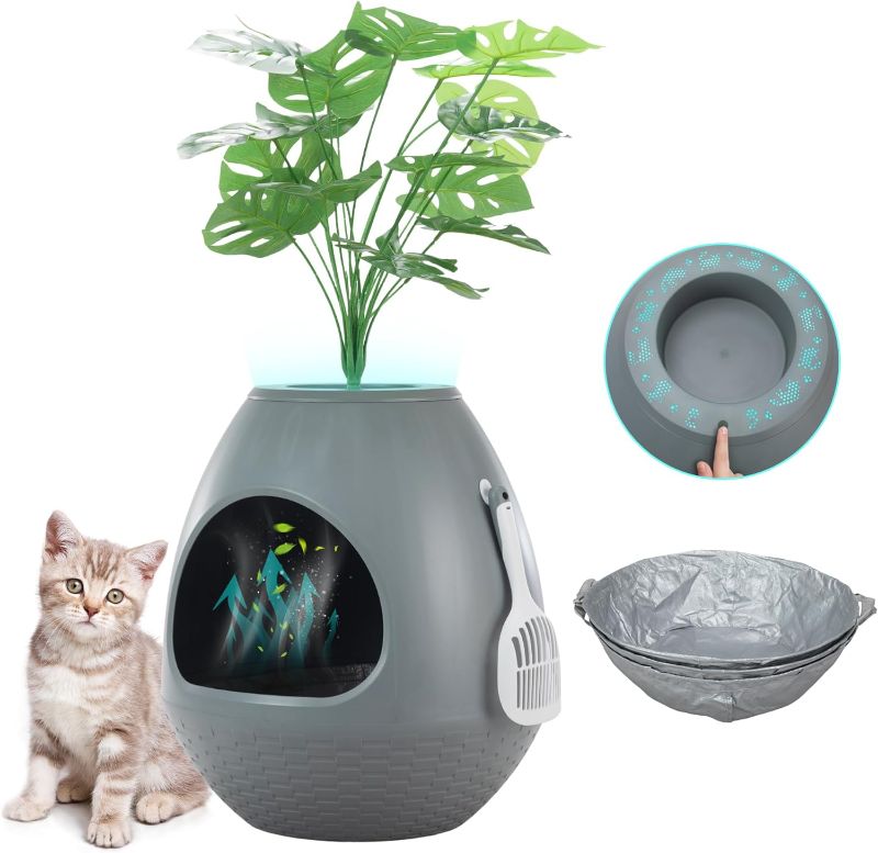Photo 1 of Egglao6 Plant Litter Box Furniture with 3PCS Cat Litter Box Liners Secret Kitty Enclosure with Odor Removal System, Decorative Top and Cat Litter Scoop, Quick Assembly, Extra Large (Grey)
