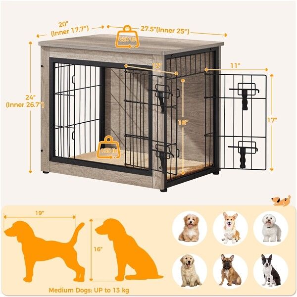 Photo 1 of Dog Crate Furniture For Small Dogs 27'' Multi-functional Dog Kennel W/ Mat, Gray