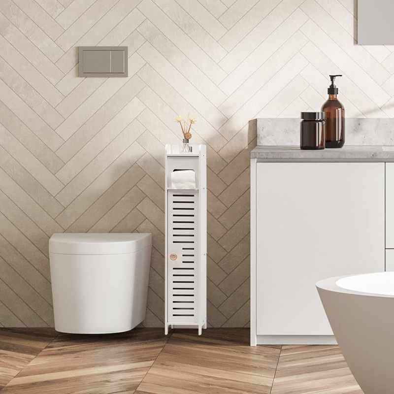 Photo 1 of DOEWORKS Small Bathroom Paper Storage Stand for Corner and Small Space, Toilet Paper Storage Corner Floor Cabinet with Doors, White