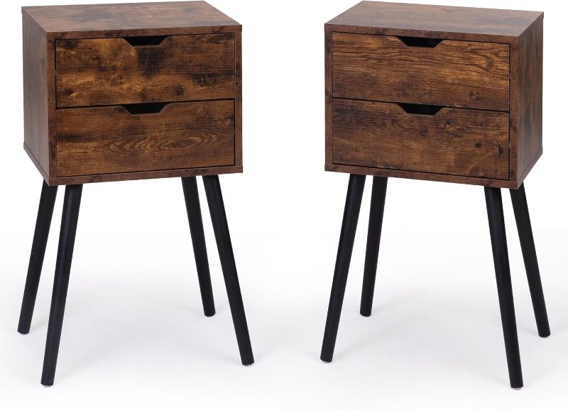Photo 1 of End Tables Set of 2, Night Stand with Drawers, Bedside Tables with Solid Wood Legs and Large Storage Space, End Table, Side Table, for Bedroom,Brown