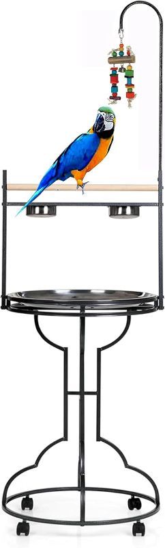Photo 1 of Elegant and Durable Wrought Iron Parrot Bird Play Perch Sturdy 4-Leg Rolling Stand Perch Gym Ground with Removable No Rust Stainless Steel Tray and Feed Cups Toy Hook
