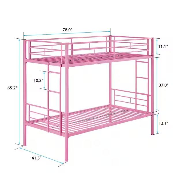 Photo 1 of Vecelo Bunk Bed Metal Twin Over Twin, Industrial Bunkbeds with Ladder and Full-Length Guardrail, Pink - Platform Bed Frame