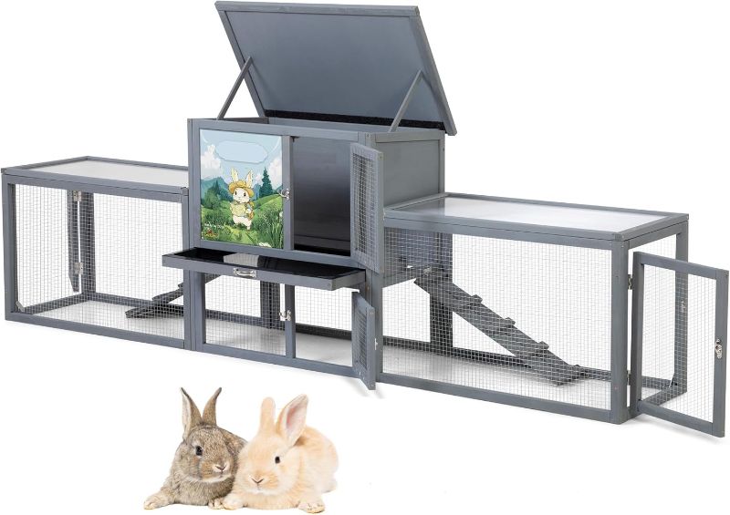 Photo 1 of COZIWOW Rabbit Hutch Outdoor, 94.5" Extra Large Bunny Hutch, 2-Story Wooden Rabbit Cage Indoor for 2 or More Bunnies with Pull-Out Tray & Weatherproof Roofs (Grey)