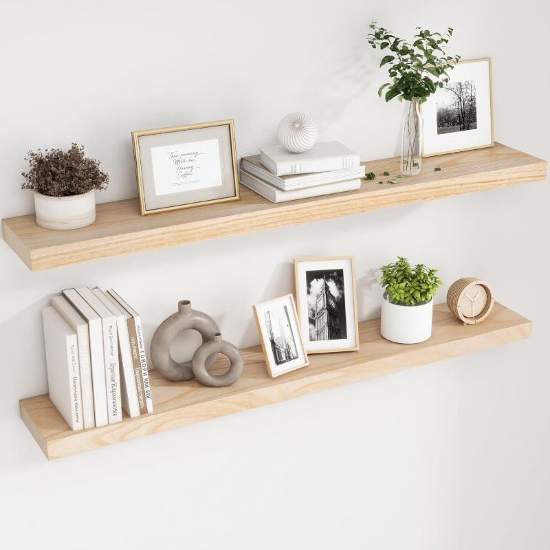 Photo 1 of Natural Wood Floating Shelves, 48 Inch Wood Floating Shelves Set of 2, Natural Raw Wood Shelves for Living Room Bedroom Home Office - Natural