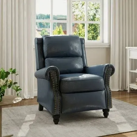 Photo 1 of Luxury Navy Blue PU Leather Nailhead Trim Upholstered Recliner Chair with Adjustable Footrest(Set of 1)