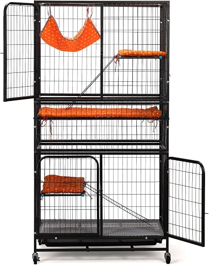 Photo 1 of Cat Cage, Small Animal Cage with Wheels, Cat House Enclosure 83 x 60 x160 cm for Indoor Outdoor, Metal Catio with Hammock, Platforms, Removable Tray, Cushion for Rabbit, Ferret