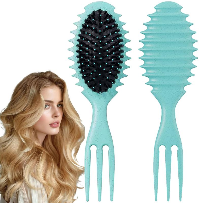 Photo 1 of Curly Hair Boar Bristle Curl Defining Brush for Wave Straight Hair, Unique Trident Handle Design Defineing Brush for Wet Dry Hairs Styling Massage Hairbrush Hairs Pick Comb Green
