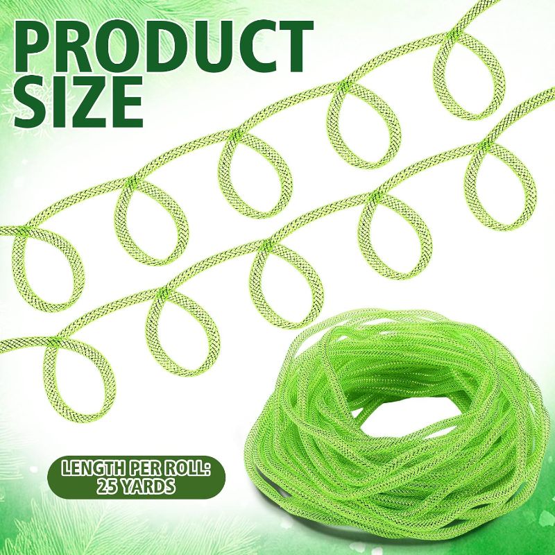 Photo 1 of 25 Yards Christmas Mesh Tubing for Crafts Lime Green Deco Mesh Tubing for Wreath 8 mm Metallic Foil Poly Tube Flexible Metallic Foil Ribbons for DIY, Gift Wraps, Christmas Tree Decor