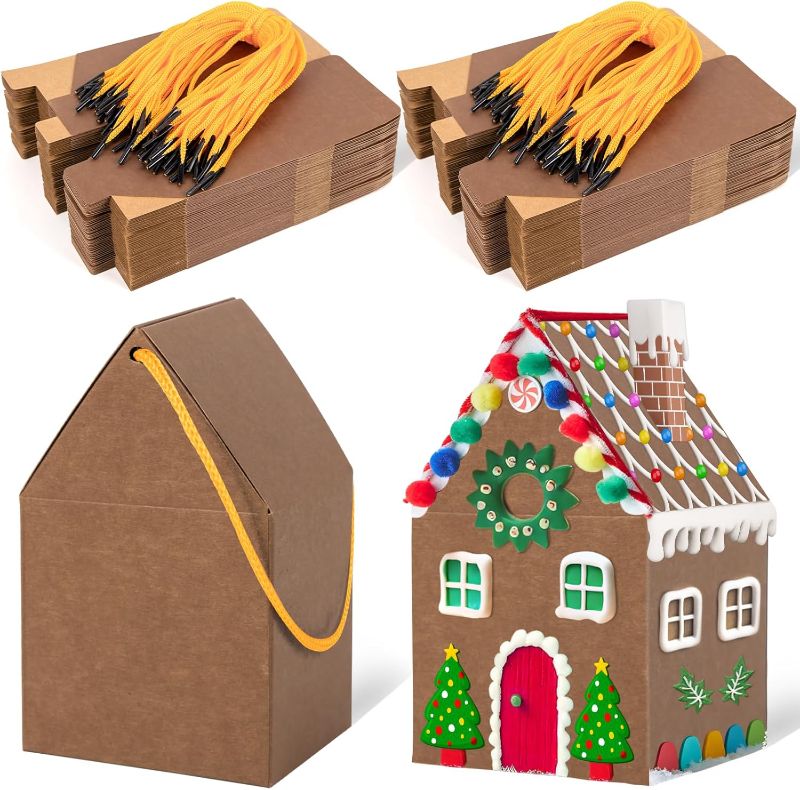 Photo 1 of 80UncleKimby 50Pcs Christmas Gingerbread House Soft Mocha Cardboard Cookie Gift Boxes with Twine for DIY Holiday Decor, Party Favors Supplies Bulk