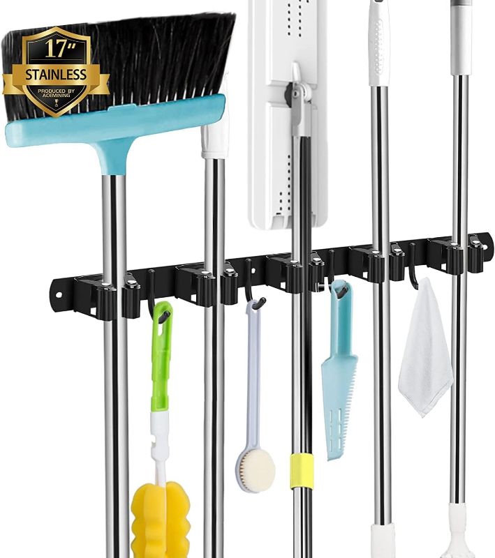 Photo 1 of Black 5 Racks and 4 Hooks Mop and Broom Holder Wall Mount, Broom Organizer Storage Tool Racks Stainless Steel Heavy Duty Hooks Self Adhesive Solid Non-slip for Home Kitchen Garden Laundry Garage