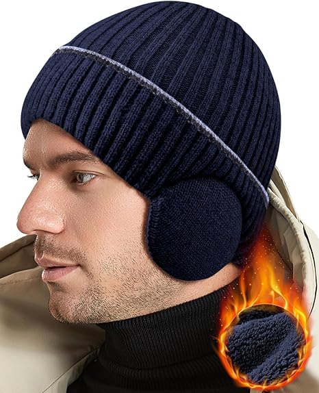 Photo 1 of BEACE Winter Fleece Line Beanie Knit Hats with Ear Flaps for Men Women,Warm Thermal Stocking Caps for Outdoor Cold Weather 2 pack(black,Blue)