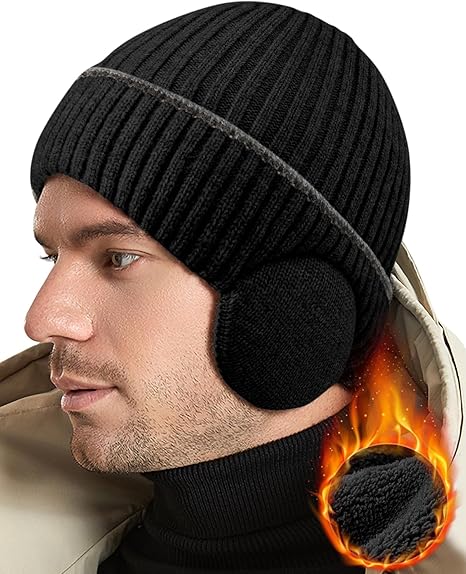 Photo 1 of BEACE Winter Fleece Line Beanie Knit Hats with Ear Flaps for Men Women,Warm Thermal Stocking Caps for Outdoor Cold Weather 2 pack(black,Blue)