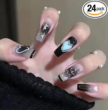 Photo 1 of Press on Nails - Long Square Fake Nails with White French Tip, Acrylic Red Heart Design 24 pcs
