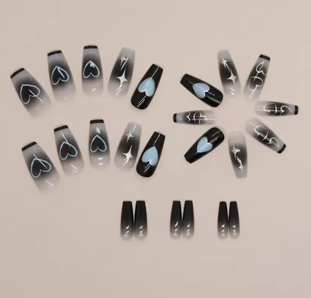 Photo 1 of Press on Nails - Long Square Fake Nails with White French Tip, Acrylic Red Heart Design 24 pcs