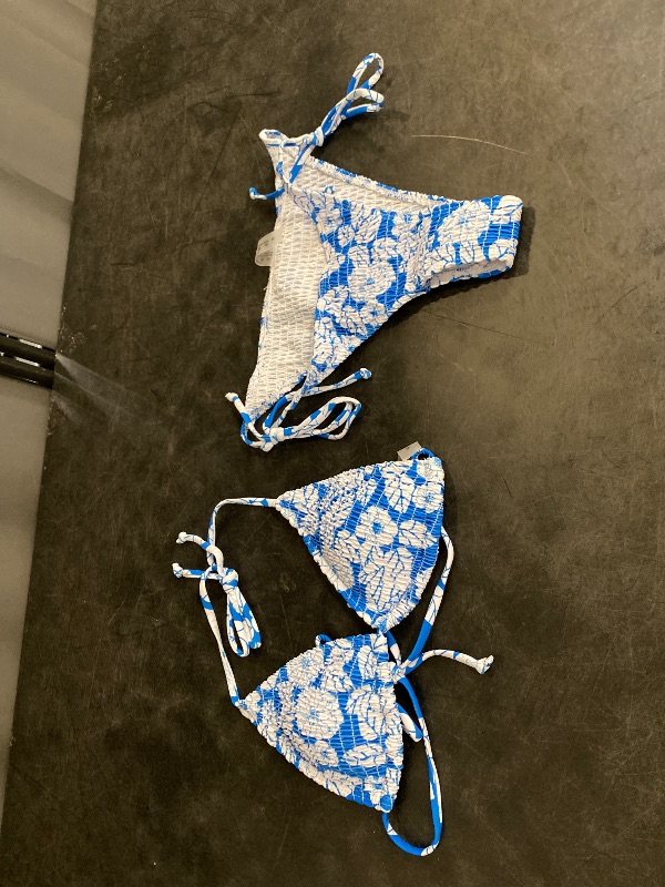 Photo 1 of (M) MakeMeChic Women's Halter Triangle Thong Bikini Sets High Cut Swimsuit Bathing Suit Swimwear A-Blue M