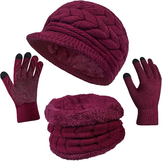 View 1 of 3-Pieces Winter Hat Gloves Scarf Set, Knit Warm Beanie Hat Neck Warmer Touch Screen Mittens for Women, Purple