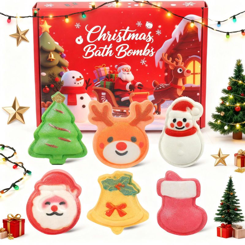 View 1 of Christmas Bath Bombs for Kids & Women, Handmade Bath Bomb Gift Set of 6 Fun Shapes, Perfect Stocking Stuffers for Teen Girls & Boys, Skin Care Bathbombs as Christmas Gifts for Kids