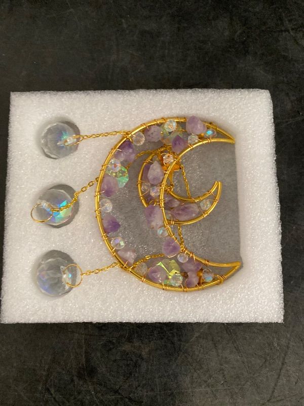 Photo 1 of Amethyst Crystals Suncatcher - Hanging Moon Sun Catcher with Glass Prisms for Windows, Healing Amethyst Crystal Decor for Home, Gift for Christmas Birthday Valentine Mothers Day