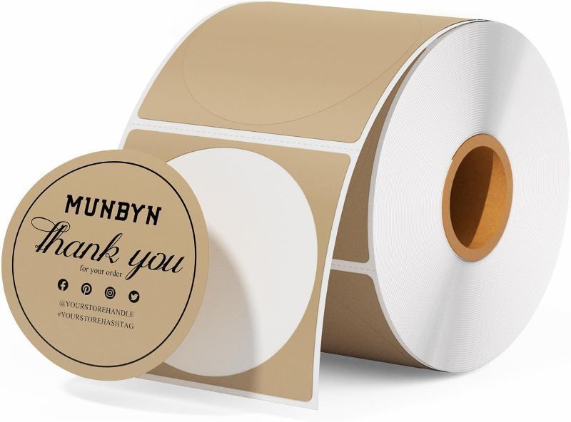 Photo 1 of 2.25 Inch Brown Circle Thermal Sticker Labels, Self-Adhesive Round Direct Thermal Labels for Logo Design, QR Code, 750 Sheets/1 Roll
