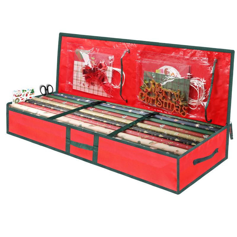 Photo 1 of EMOMAS Christmas Gift Wrapping Paper Organizer Storage Bags,Plastic Container for Holiday Supplies & Accessories, Gift Bag Organizer, Under Bed Wrapping Paper Storage (Red)