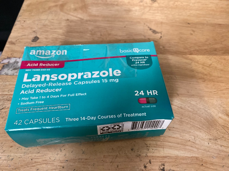 Photo 1 of Amazon Basic Care Lansoprazole Delayed Release Capsules, 15 mg, Proton Pump Inhibitor, Acid Reducer, 24 Hour Heartburn Medicine, 42 Count Pack
