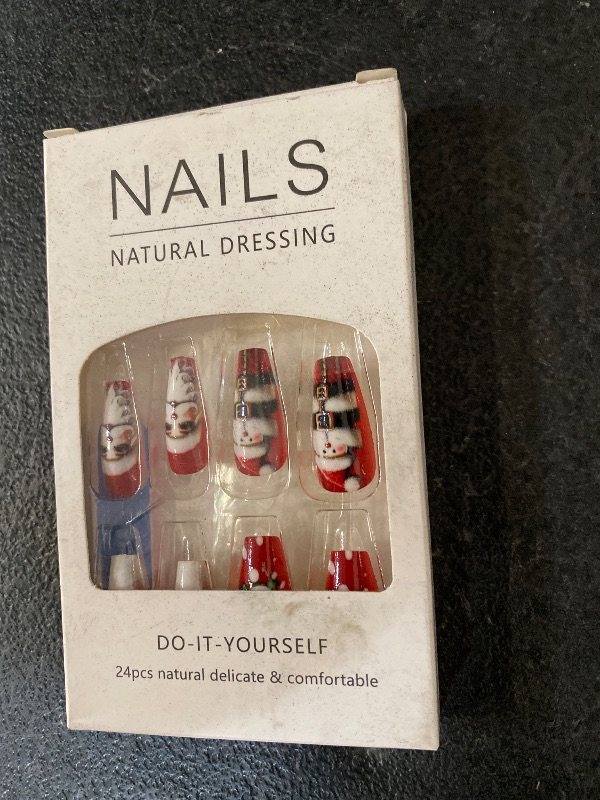Photo 1 of Christmas Press on Nails Coffin -24Pcs Red Artificial Fake Nails with Winter Xmas Design Glossy Full Cover Medium Acrylic False Nails Stick on Fingernails for Women Girls
