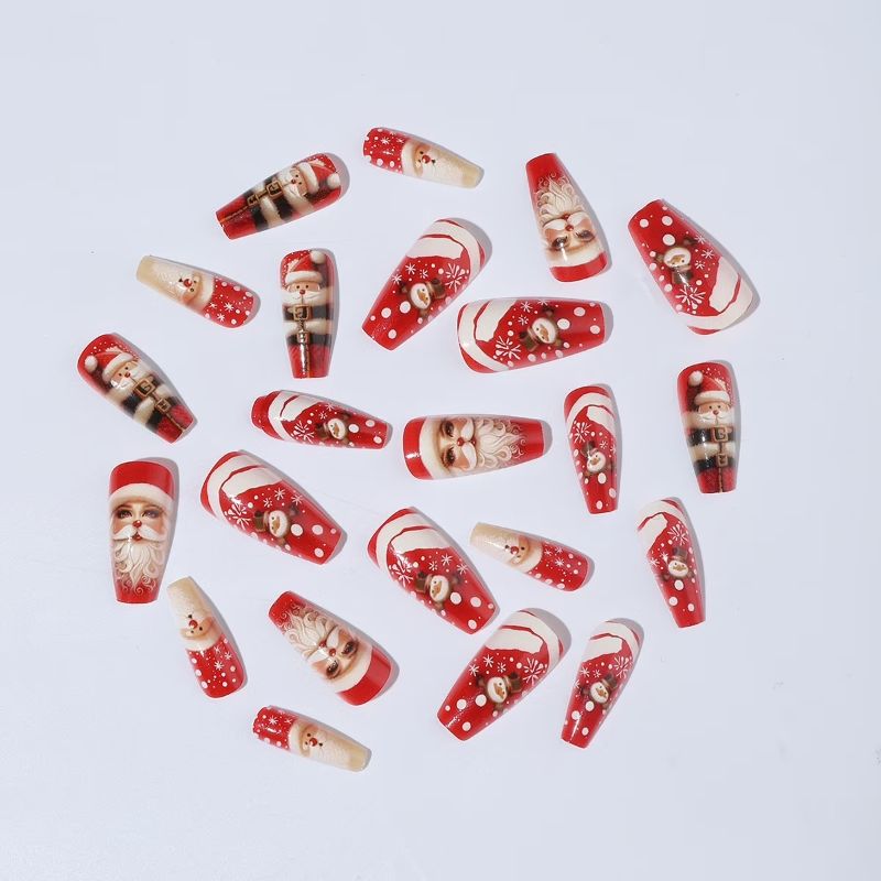Photo 1 of Christmas Press on Nails Coffin -24Pcs Red Artificial Fake Nails with Winter Xmas Design Glossy Full Cover Medium Acrylic False Nails Stick on Fingernails for Women Girls