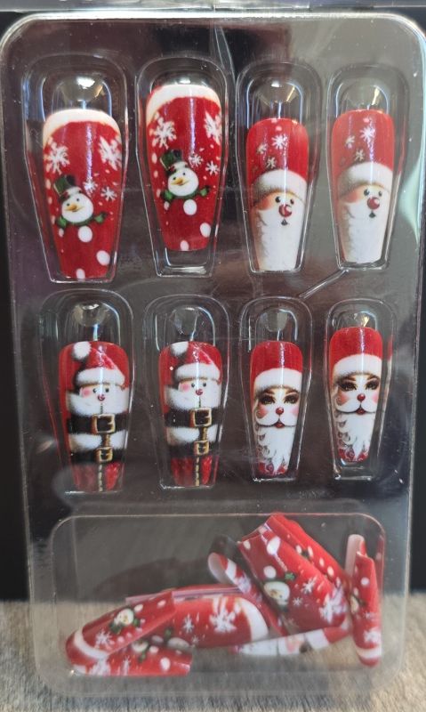 Photo 1 of Christmas Press on Nails Coffin -24Pcs Red Artificial Fake Nails with Winter Xmas Design Glossy Full Cover Medium Acrylic False Nails Stick on Fingernails for Women Girls