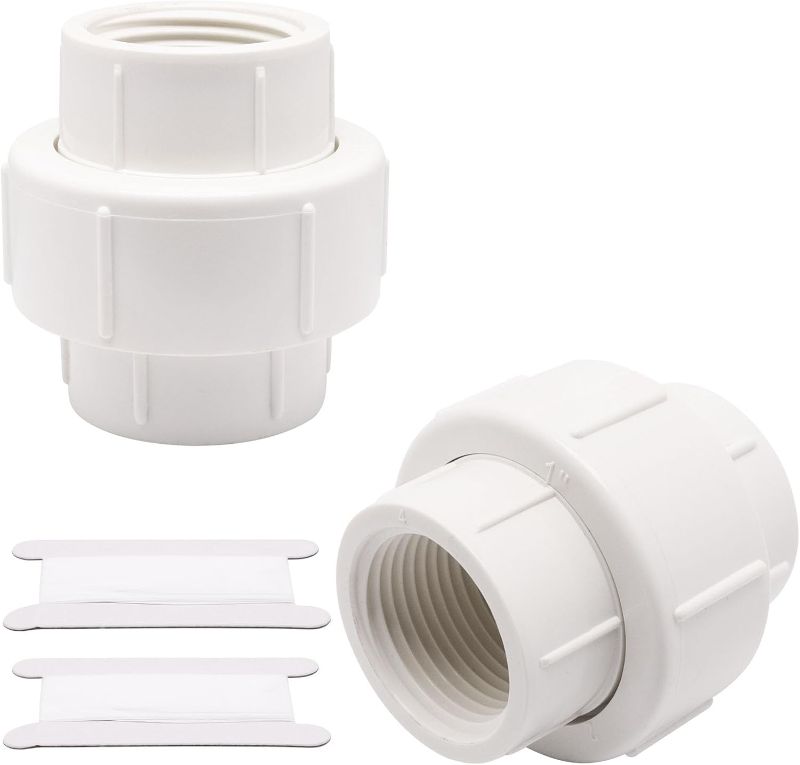 Photo 1 of 2Pcs 1" PVC Union, Female Threaded Coupling Pipe Fittings, Schedule 40, FNPT Coupling for Irrigation, Plumbing, White