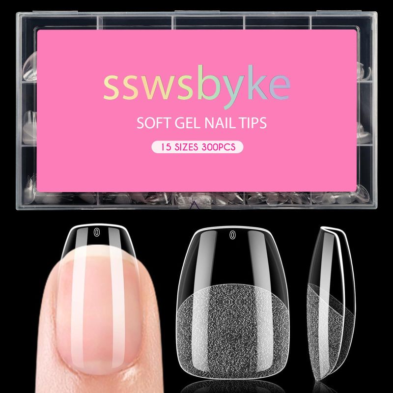 Photo 1 of Extra Short Almond Nail Tips, SSWSBYKE 300pcs 15 Sizes Gel Acrylic Nail Tips for Full Cover Pre-Shaped Fake Nails Tips Half Matte Press On Nails for Extension Home DIY Salon