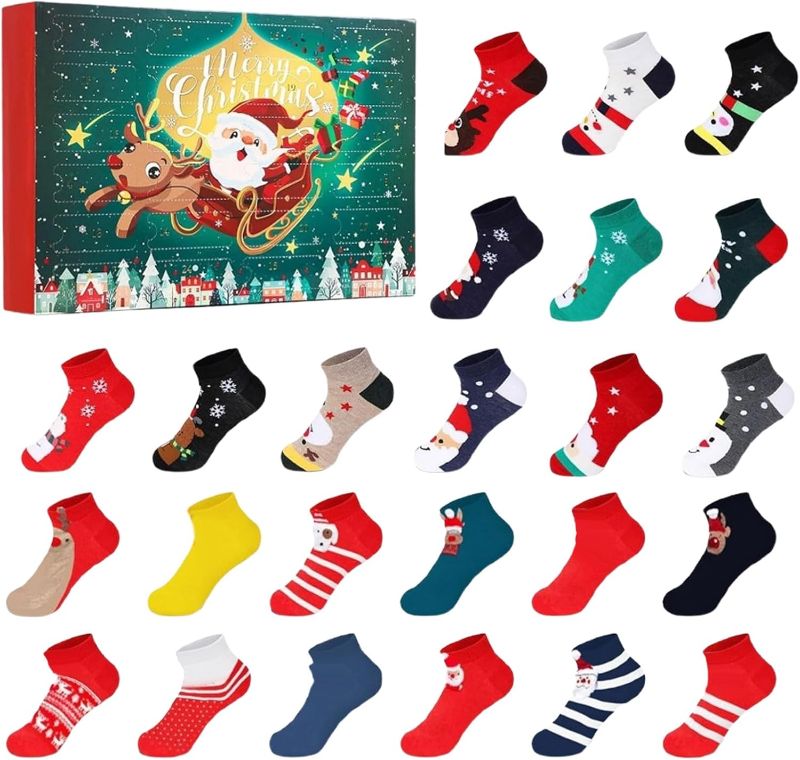 Photo 1 of 2025 Christmas Socks Advent Calendar, 24 Days 3D Stereo Festive Sock Countdown Calendar with Cute Pattern Socks for Holiday Surprise, Xmas Stocking Gifts for Adults (A)