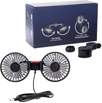 Photo 1 of Car Fan, 5V USB Car Fan for Backseat 360 Degree Rotatable, Portable Car Cooling Fan for Car Seat with Dual Heads Car Seat Fan with 3 Speed Strong Wind for SUV, RV, Vehicles(USB Powered)