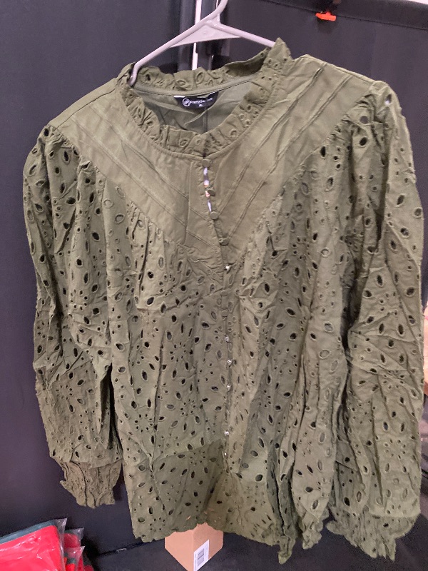 Photo 1 of (XL) PRETTYGARDEN Women's Dressy Casual Blouse Tops Fall Spring Puff Long Sleeve Button V Neck Hollow Out Lace Embroidered Shirts (Army Green,X-Large)