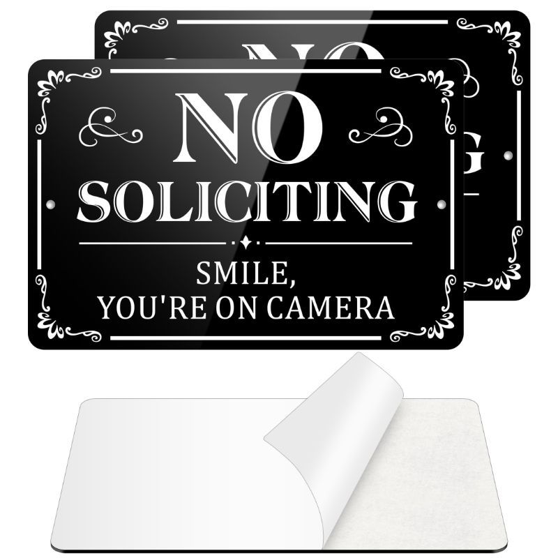 Photo 1 of No Soliciting Sign for Front Door, (2 Pack) Self-adhesive No Soliciting Sign for House, 9 x 6 inches Aluminum Metal Signs for Yard (Style: Smile You Are On Camera)