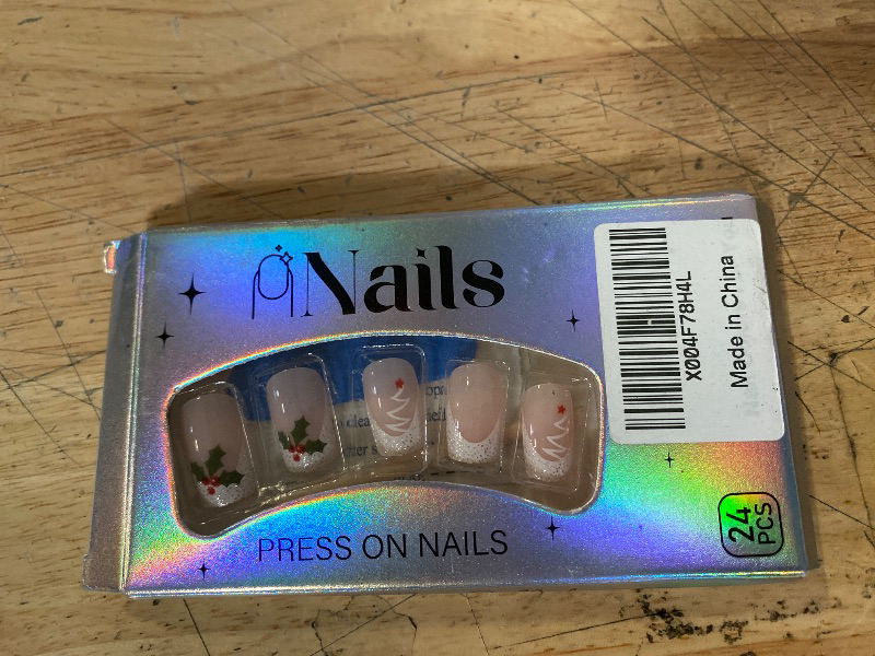 Photo 1 of Christmas White French Tip Press on Nails Short Square Fake Nails with Xmas Tree Design Glitter Pink Glossy Acrylic Nails Full Cover False Nails Stick on Nails for Women DIY Christmas Nails 24 Pcs