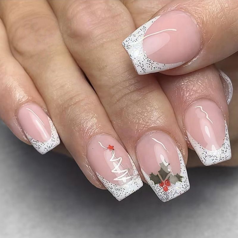 Photo 1 of Christmas White French Tip Press on Nails Short Square Fake Nails with Xmas Tree Design Glitter Pink Glossy Acrylic Nails Full Cover False Nails Stick on Nails for Women DIY Christmas Nails 24 Pcs