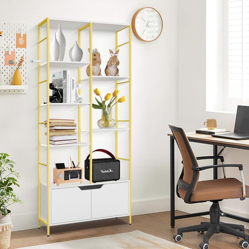 Photo 1 of 6 Tier Bookshelf with Drawer , 67" Tall Bookcase with Storage Shelves, Wood and Metal Book Shelf Storage Organizer, Open Decorative Display Bookshelves for Office, Bedroom, Living Room – White