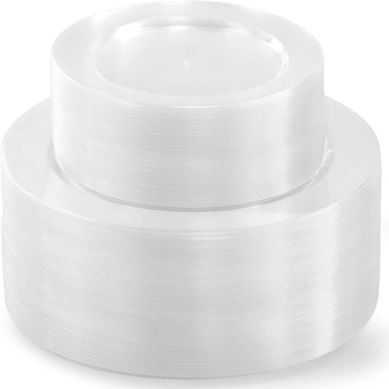 Photo 1 of 200 PCS Clear Plastic Plates, Plastic Disposable Plates Include 100 Dinner Plate and 100 Dessert Plate Perfect for Holiday, Birthday, Wedding & Party