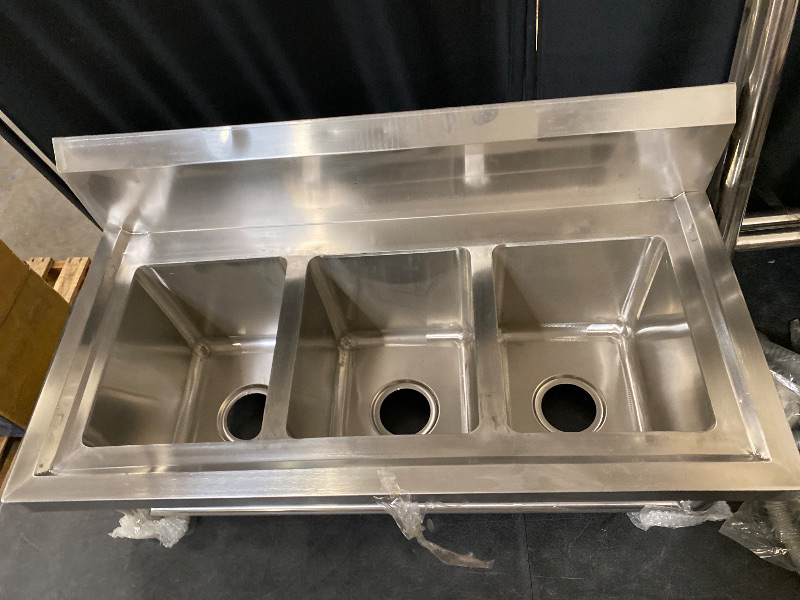 Photo 1 of 3 Compartment Sink Commercial Stainless Steel Sink, Free Standing Restaurant Sink Station with Strainer, Kitchen Prep & Utility Sink for Home Garage Bar (39" W × 17.7" D × 37.4" H)