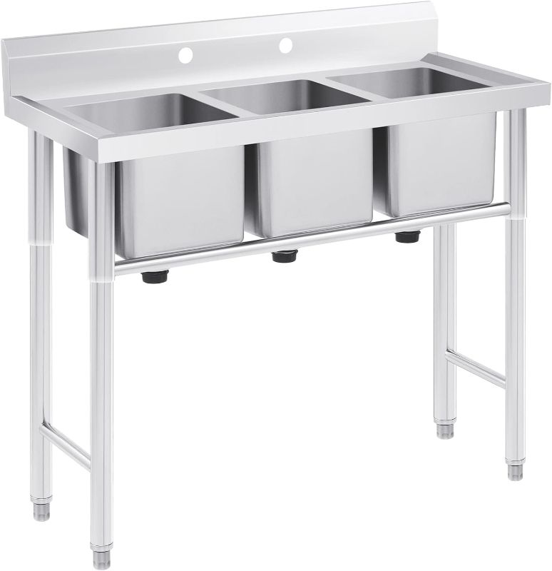 Photo 1 of 3 Compartment Sink Commercial Stainless Steel Sink, Free Standing Restaurant Sink Station with Strainer, Kitchen Prep & Utility Sink for Home Garage Bar (39" W × 17.7" D × 37.4" H)