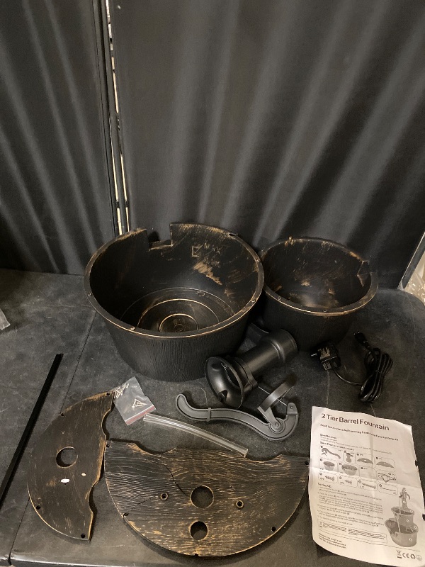 Photo 1 of 27" Tall Rustic Outdoor 2-Tier Barrel Pump Water Fountain with Soothing Cascading Water Flow for Patio, Yard, Porch, or Landscape, Bronze