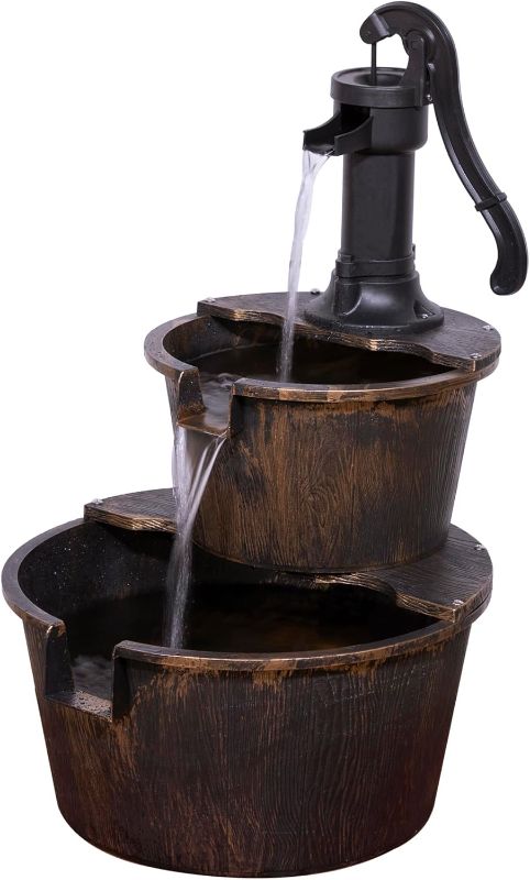 Photo 1 of 27" Tall Rustic Outdoor 2-Tier Barrel Pump Water Fountain with Soothing Cascading Water Flow for Patio, Yard, Porch, or Landscape, Bronze
